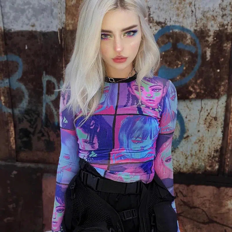 Trendy Punk Girls Mesh Top with Bow Tie Detail - Y2K Cyberpunk Streetwear Style