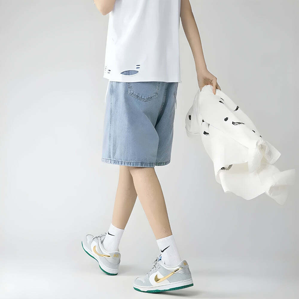 Trendy Soft Boy Wide Leg Shorts - Flare Denim Patchwork Design for Y2K Aesthetic Outfits