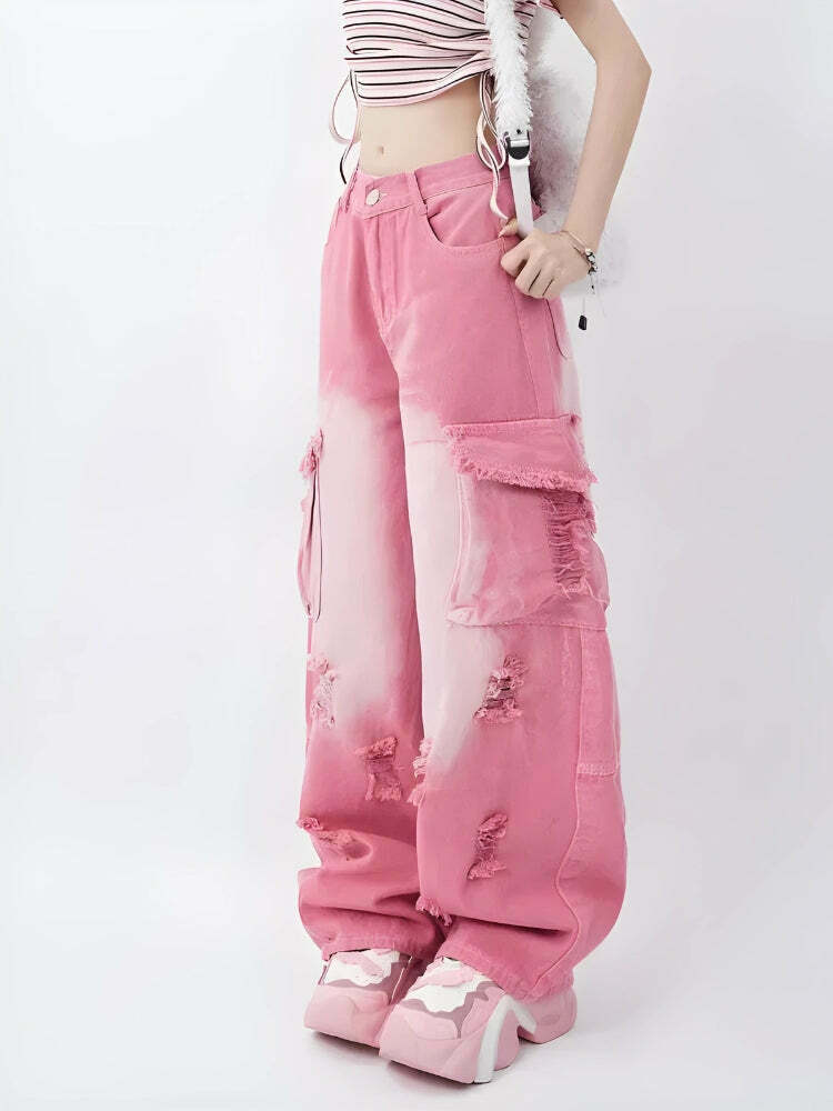 Trendy Soft Girl Distressed Cargo Jeans - Stylish Baggy Y2K Fashion with Buckles & Rips