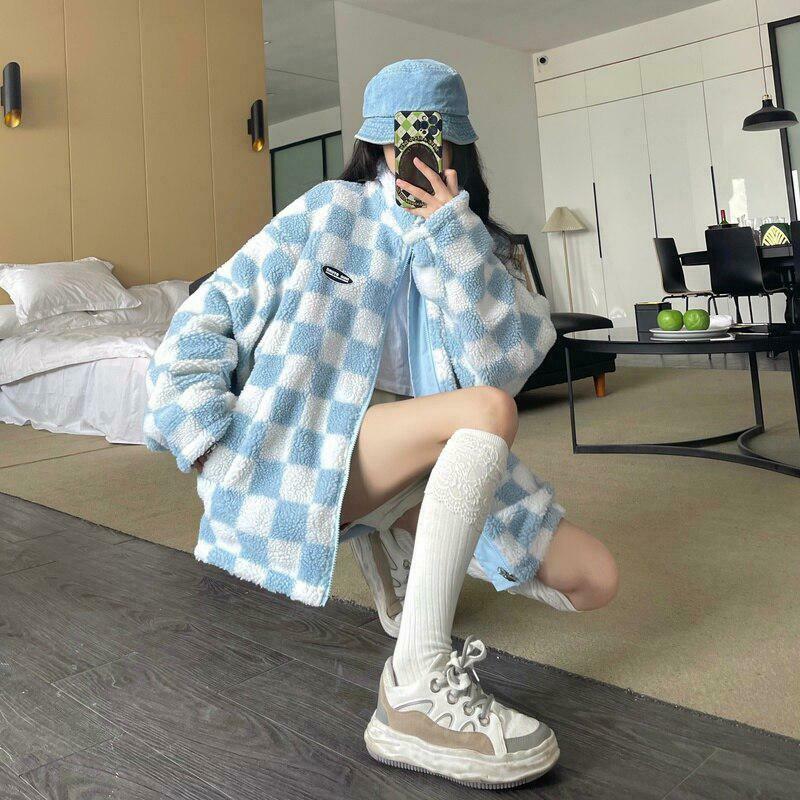 Trendy Soft Girl Reversible Checkered Jacket - Y2K Style Baggy Color Block Varsity Jacket