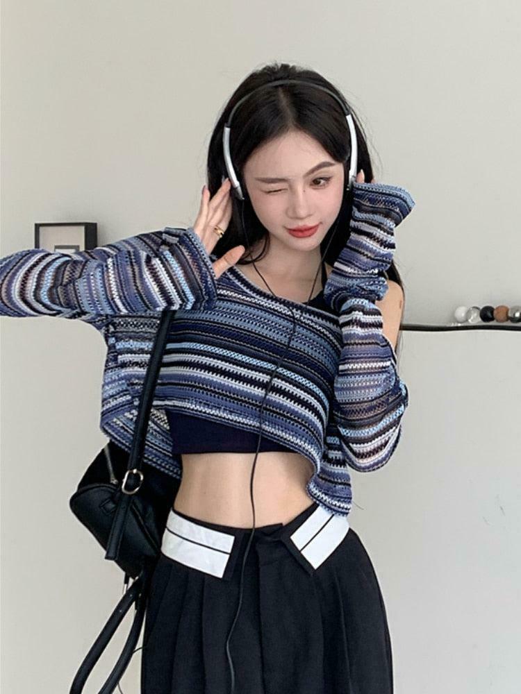 Trendy Striped Wide Neck Crop Sweater - Aesthetic Y2K Style for Unique Fashion Lovers