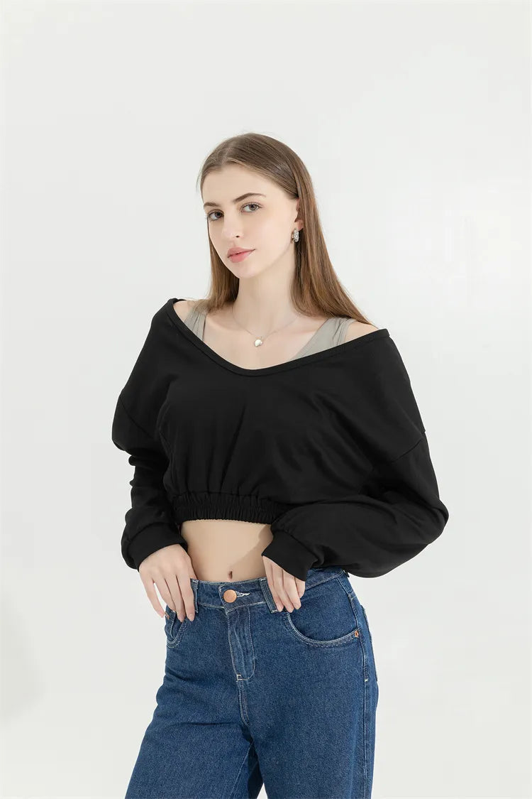 Trendy Wide Neck Crop Sweatshirt in Vintage Corduroy with Aesthetic Graphic Design