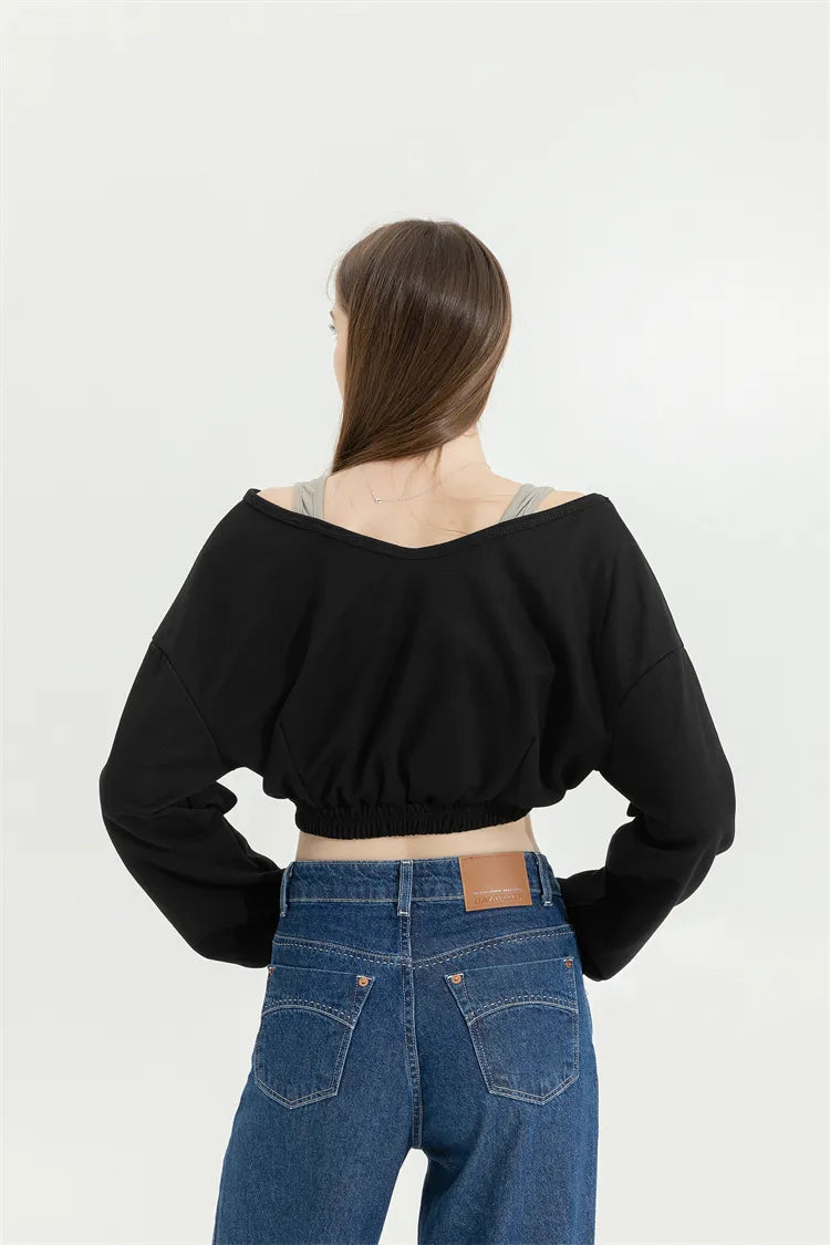 Trendy Wide Neck Crop Sweatshirt in Vintage Corduroy with Aesthetic Graphic Design