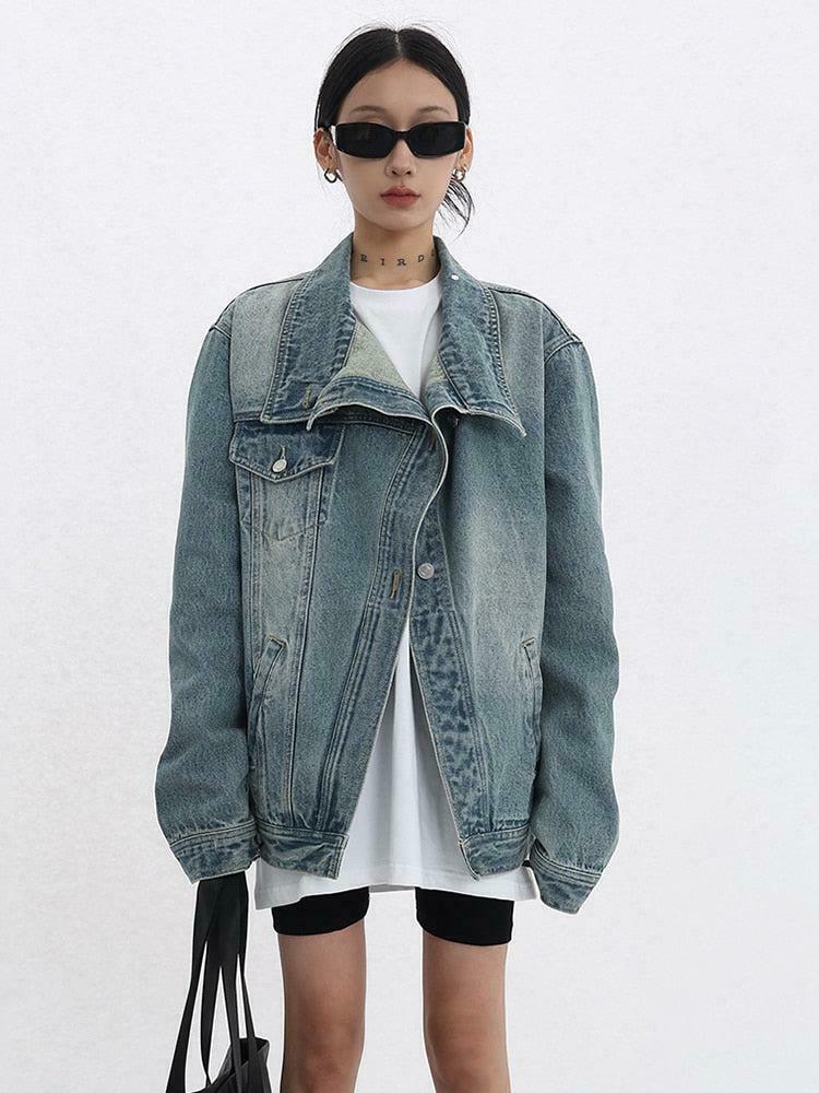 Trendy Y2K Asymmetrical Denim Jacket - Stylish Color Block Design for Effortless Chic