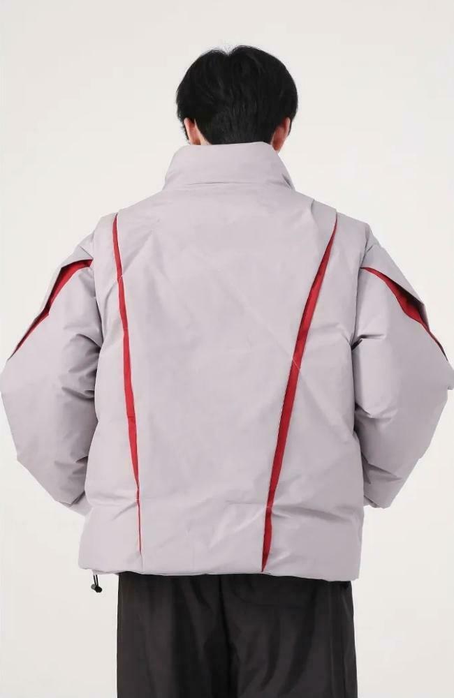 Trendy Y2K Asymmetrical Zipper Puffer Jacket in White - Stylish Color Block Design