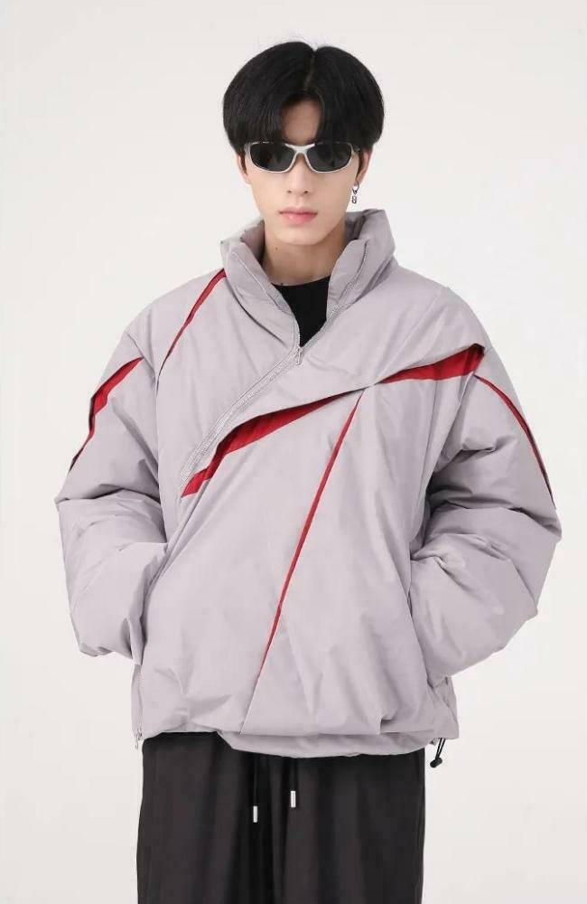 Trendy Y2K Asymmetrical Zipper Puffer Jacket in White - Stylish Color Block Design