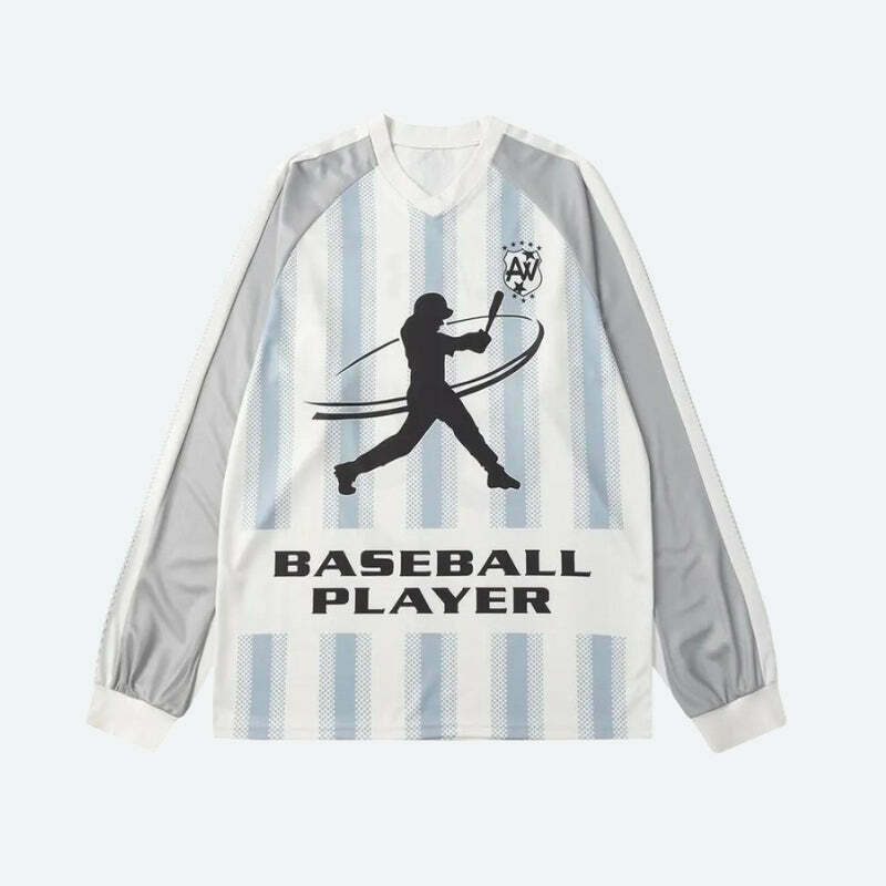 Trendy Y2K Baseball Jersey with Cat Ear Cap - Vintage Blues Streetwear Style