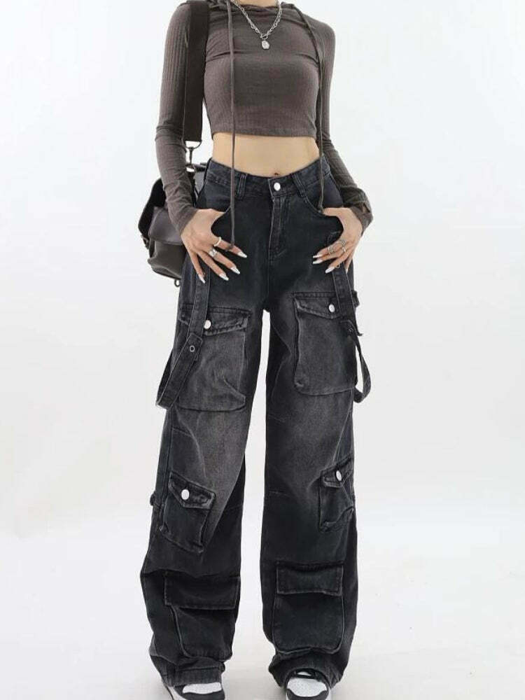 Trendy Y2K Belted Dark Wash Cargo Jeans for Stylish Outfits - Versatile & Chic Design