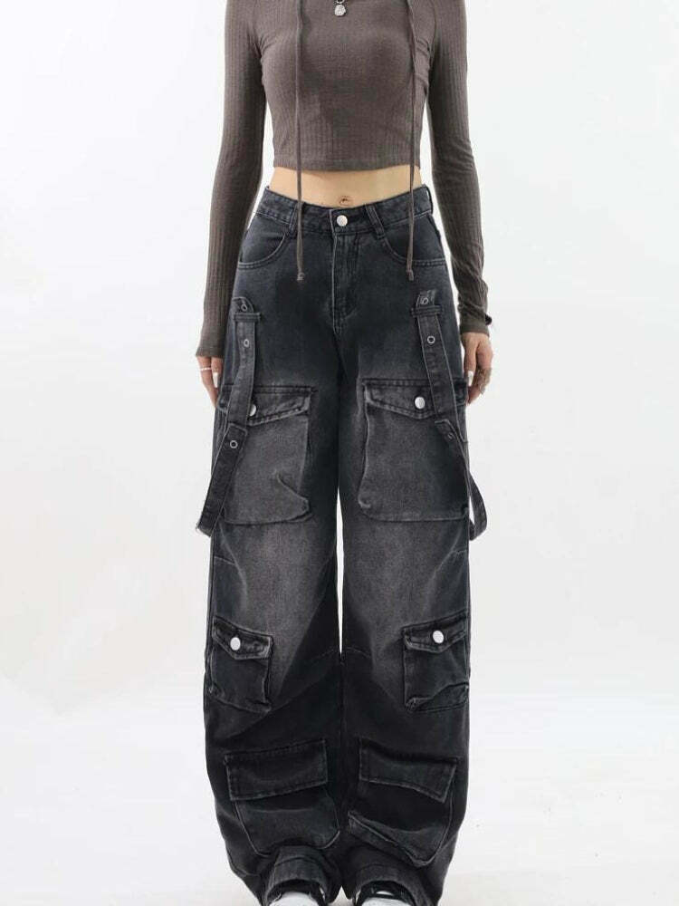 Trendy Y2K Belted Dark Wash Cargo Jeans for Stylish Outfits - Versatile & Chic Design