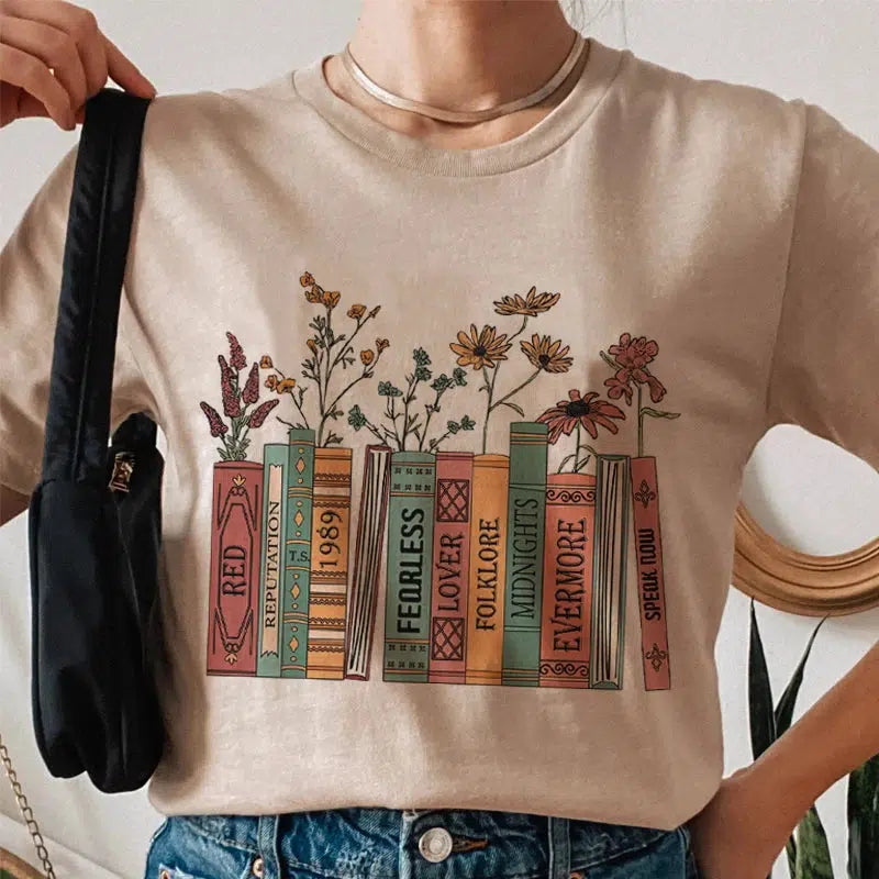 Trendy Y2K Books & Flowers Graphic Tee - Stylish Mexico Baby Tee for Fashion Lovers