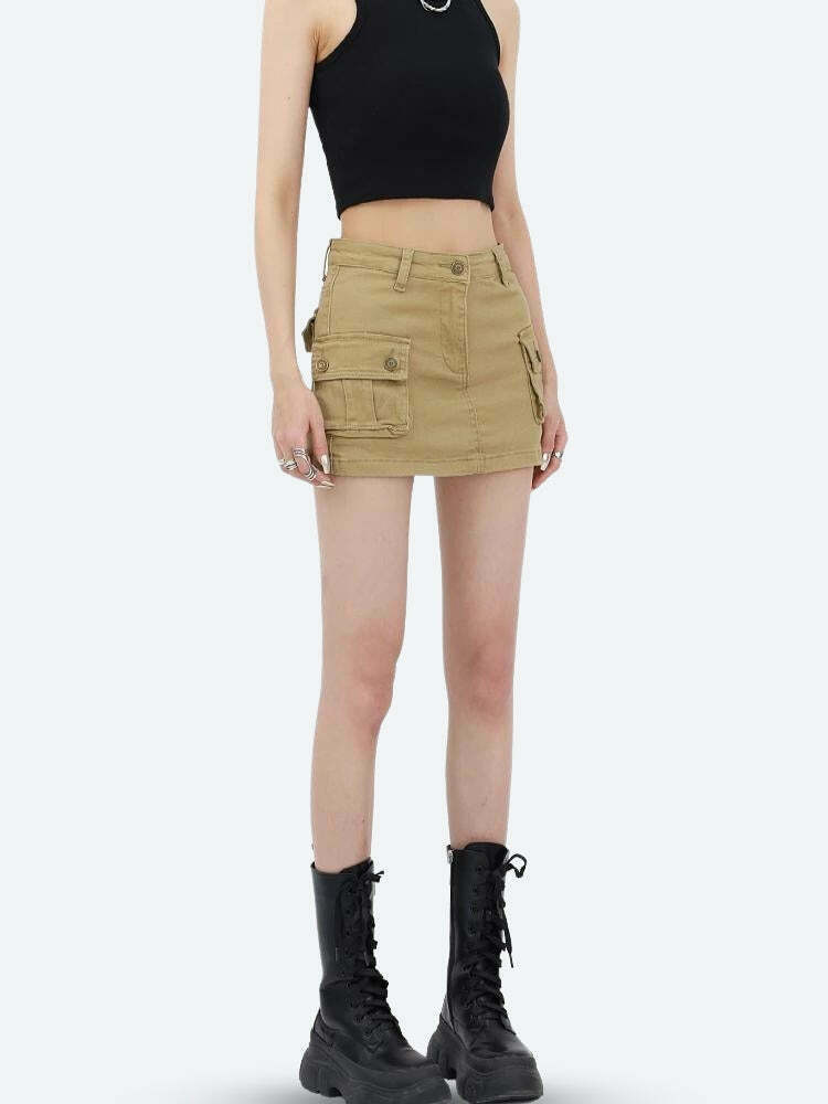 Trendy Y2K Cargo Denim Mini Skirt with Pockets - Stylish and Versatile for Any Outfit