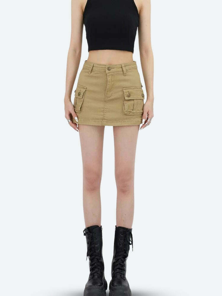 Trendy Y2K Cargo Denim Mini Skirt with Pockets - Stylish and Versatile for Any Outfit