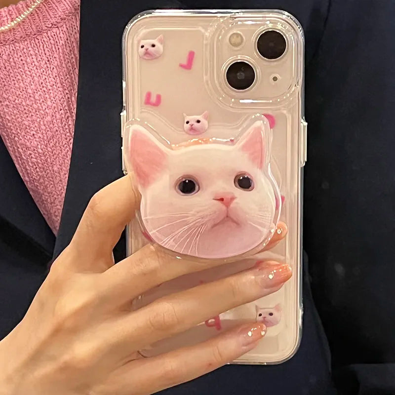 Trendy Y2K Cat Popsocket Clear Phone Case with Cat Graffiti Design for Stylish Protection