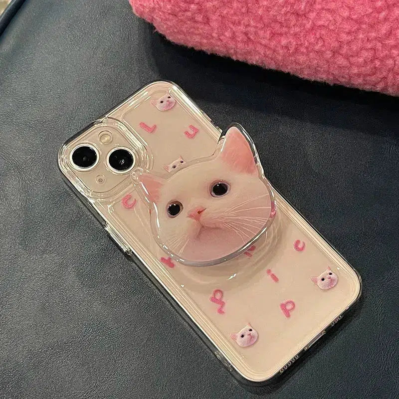 Trendy Y2K Cat Popsocket Clear Phone Case with Cat Graffiti Design for Stylish Protection