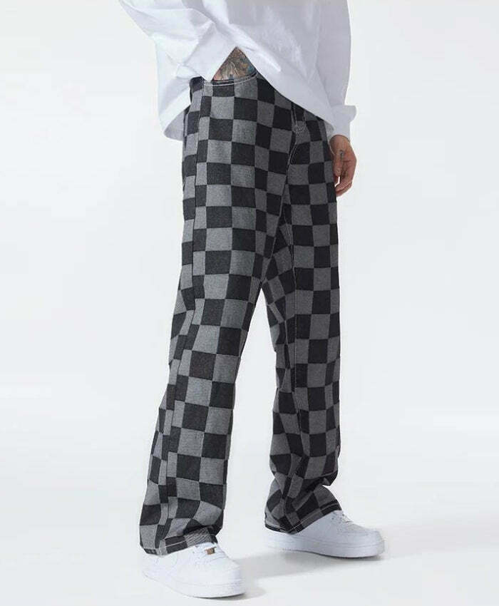 Trendy Y2K Checkered Black Pants - Stylish Rivet Design for a Retro Fashion Statement