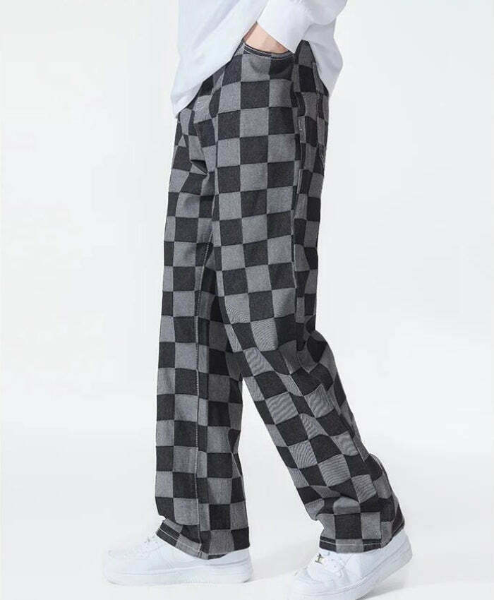 Trendy Y2K Checkered Black Pants - Stylish Rivet Design for a Retro Fashion Statement