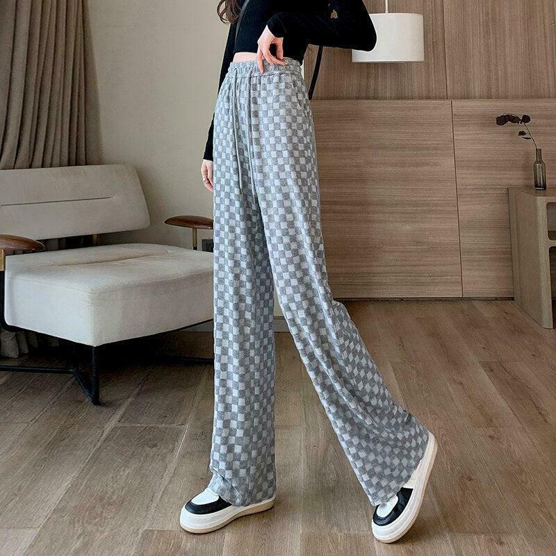 Trendy Y2K Checkered Sweatpants with Bow Detail - Stylish Grey Print for a Chic Look