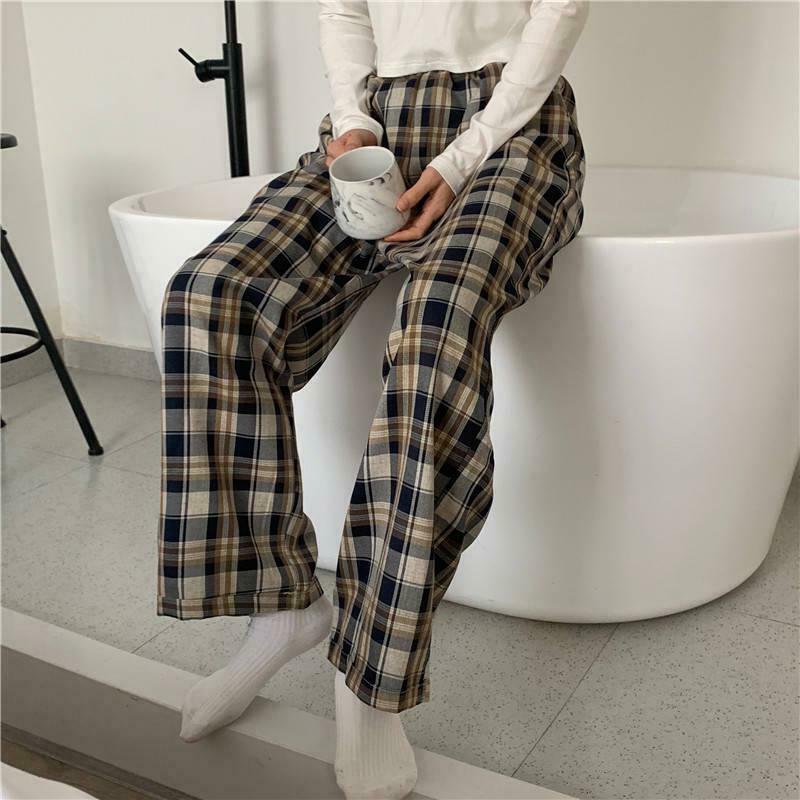 Trendy Y2K Checkered Sweatpants with Elasticated Waist - Stylish Grey Bow Design