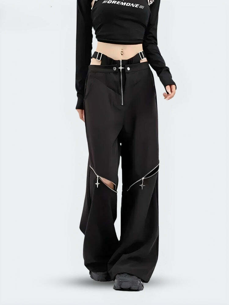 Trendy Y2K Cut Out Waist Pants - Orange Parachute & Grey Sweatpants with Rivet Details