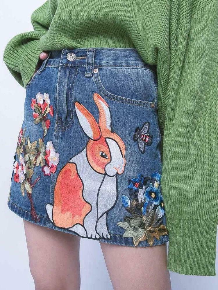 Trendy Y2K Cute Rabbit Denim Mini Skirt - Stylish Pleated Design for Effortless Chic