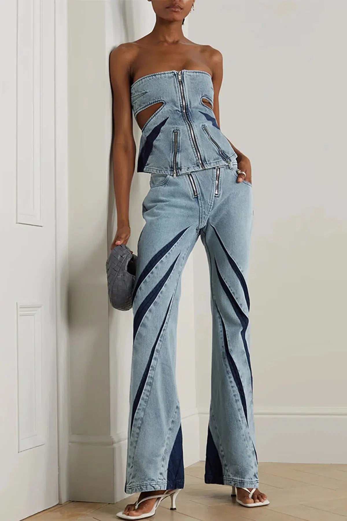 Trendy Y2K Denim Cut Out Tube Top & Patch Jeans Two-Piece Set for Stylish Outfits