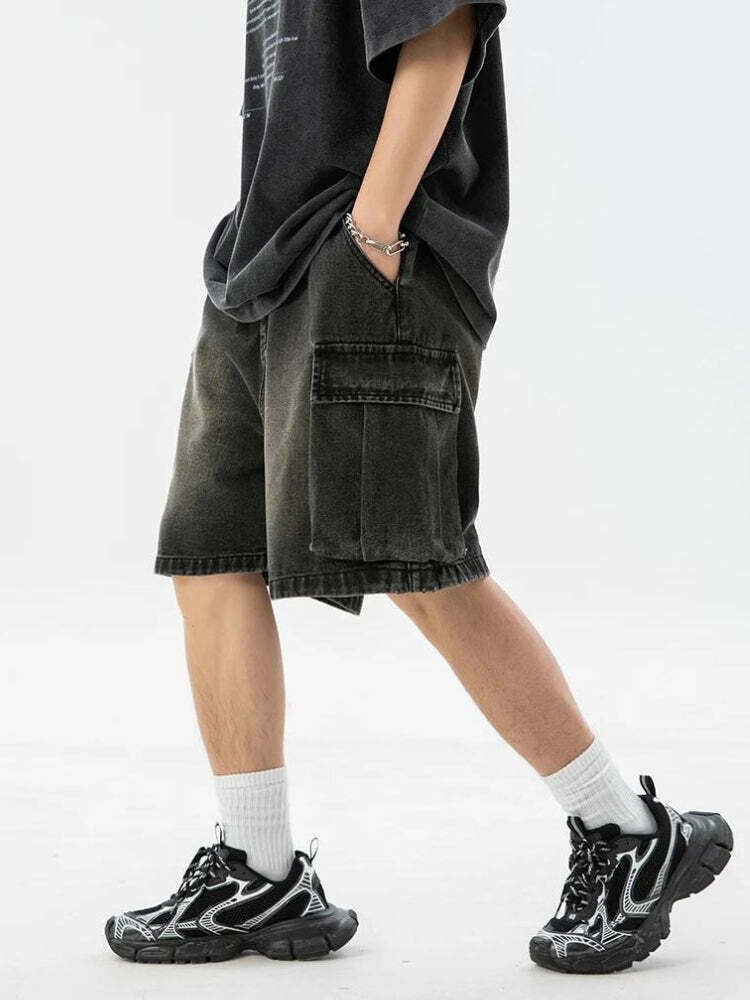 Trendy Y2K Denim Drawstring Wide Leg Cargo Shorts in Stylish Grey for Effortless Chic