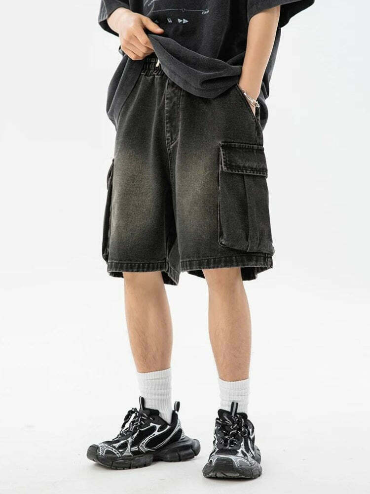 Trendy Y2K Denim Drawstring Wide Leg Cargo Shorts in Stylish Grey for Effortless Chic