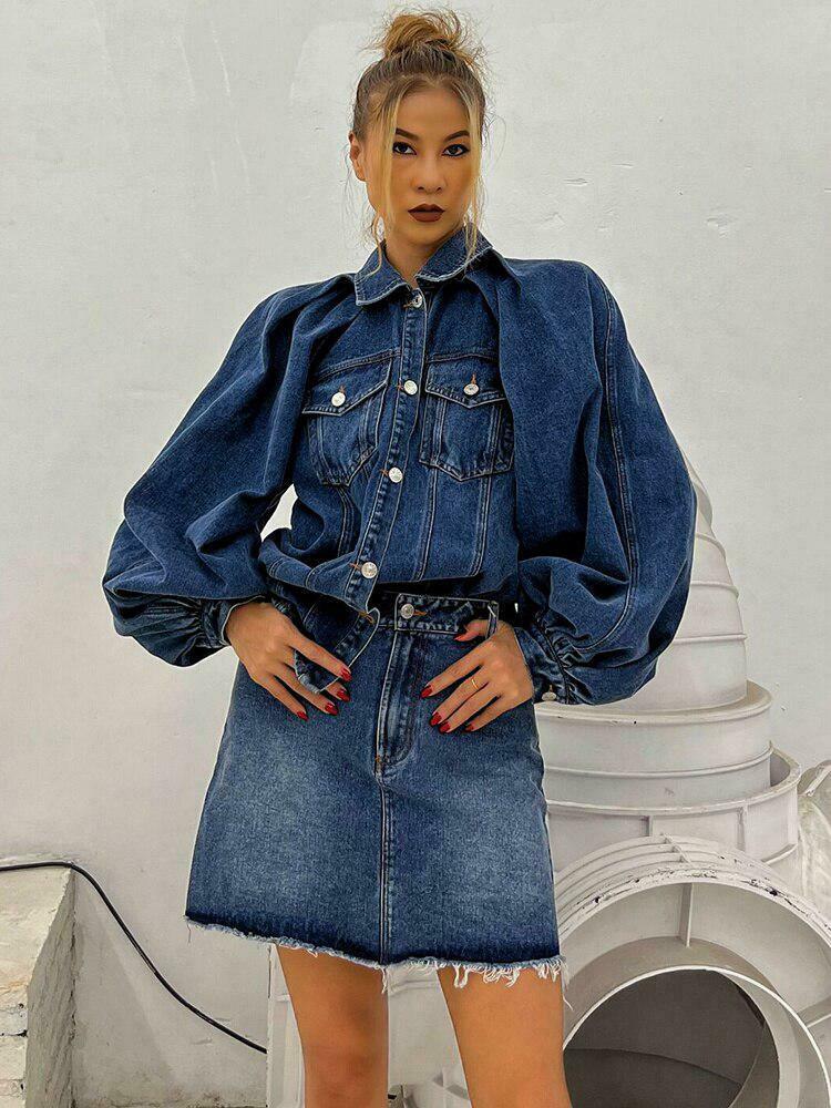 Trendy Y2K Denim Jacket & Skirt Two-Piece Set with Embroidered Details and Flare Style