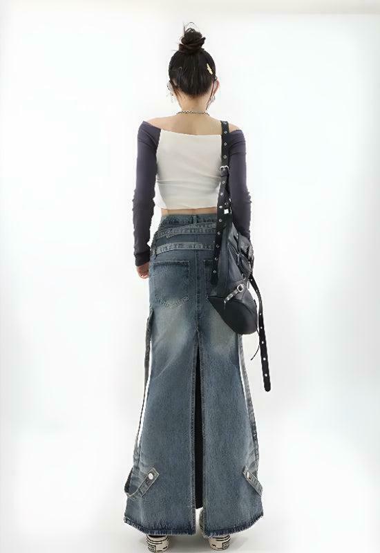 Trendy Y2K Denim Maxi Skirt with Pleated Design - Stylish Khaki & Grey Cargo Options