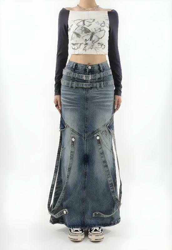 Trendy Y2K Denim Maxi Skirt with Pleated Design - Stylish Khaki & Grey Cargo Options