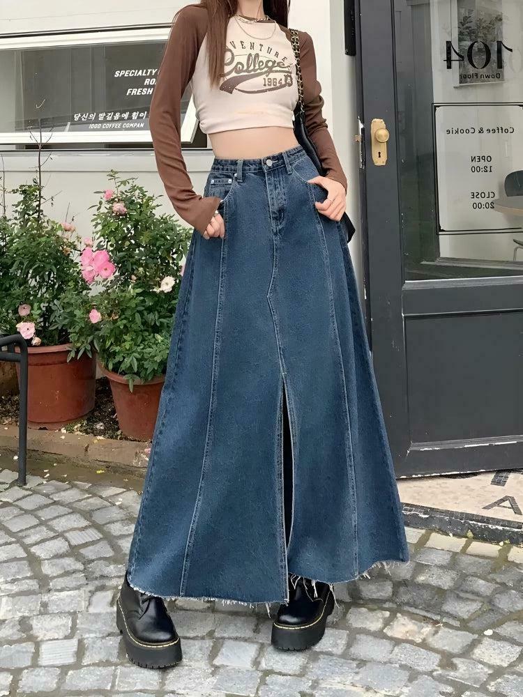 Trendy Y2K Denim Slit Frayed Hem Maxi Skirt - Stylish and Versatile for Every Occasion