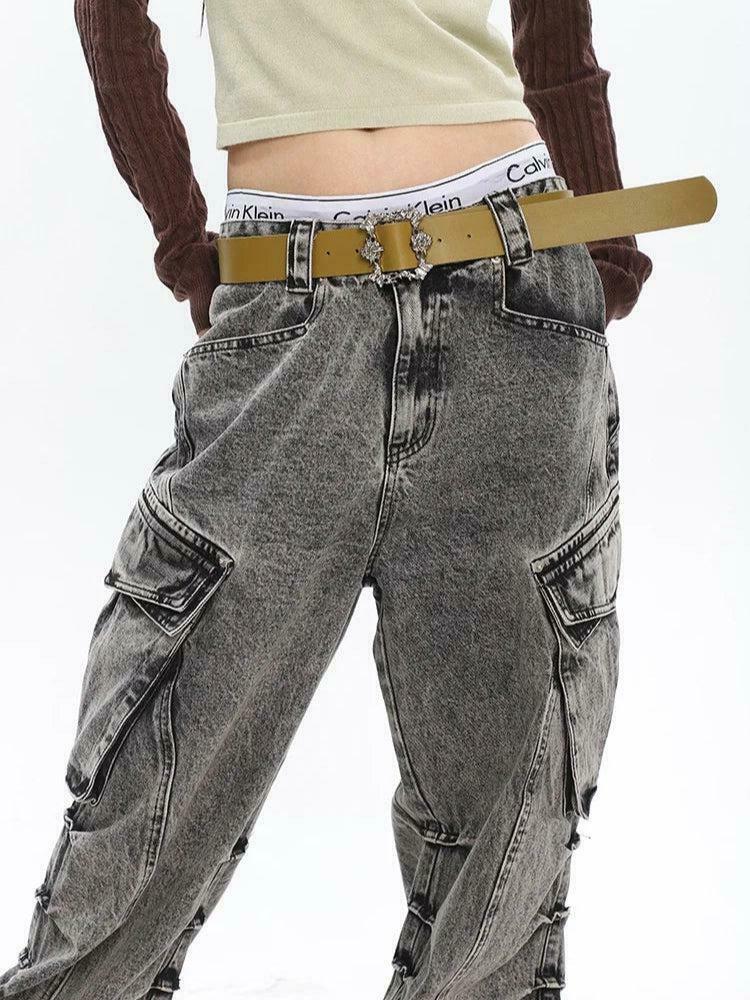 Trendy Y2K Distressed Cargo Jeans with Big Pockets for a Stylish Baggy Look