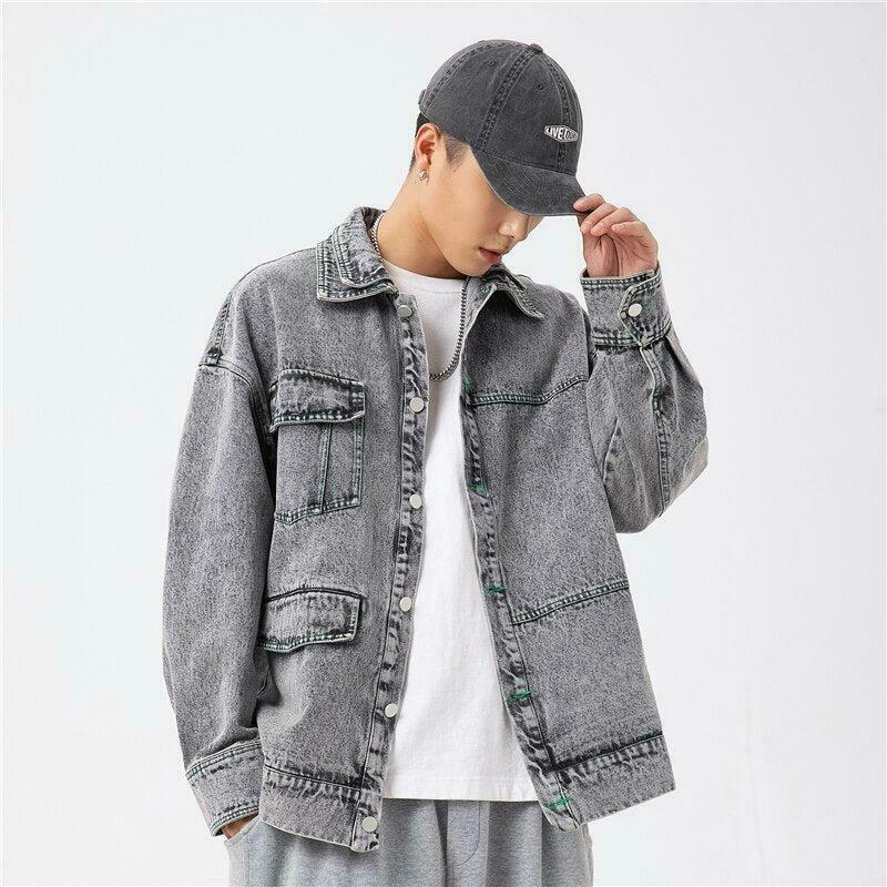 Trendy Y2K Double-Collared Denim Jacket - Stylish Baggy Color Block Design for Fashion Lovers