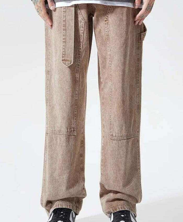 Trendy Y2K Drawstring Belt Straight Leg Jeans in Brown Washed Style for Effortless Chic