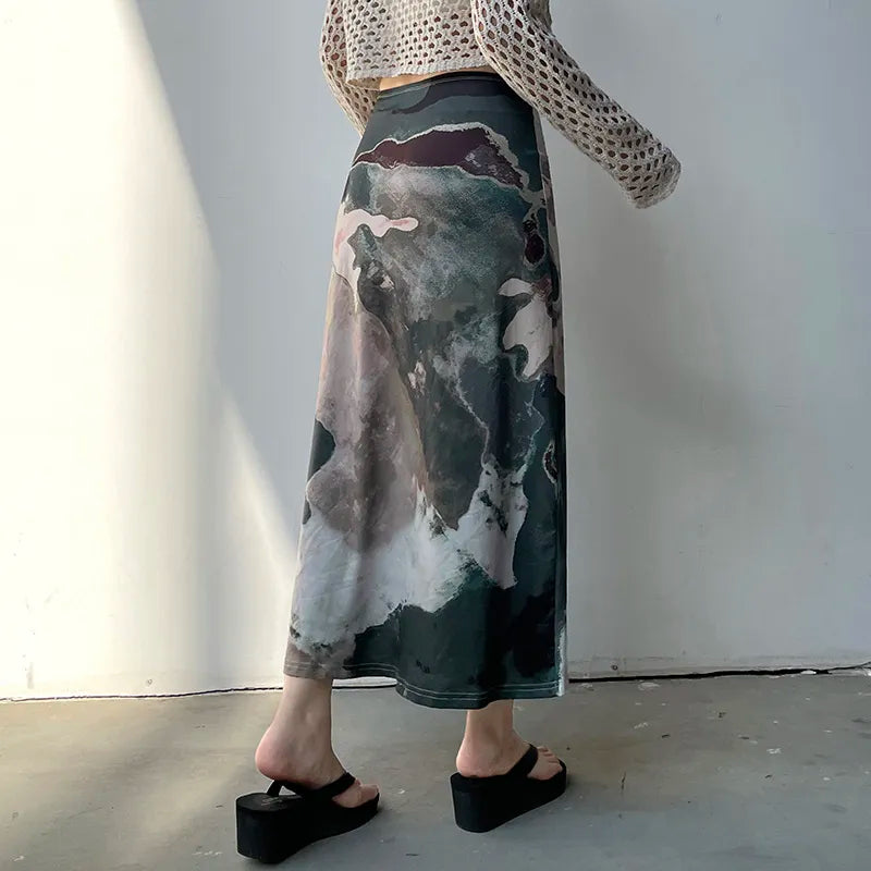 Trendy Y2K Graphic Printed Midi Skirt in Khaki - Stylish Pleated Design for Streetwear