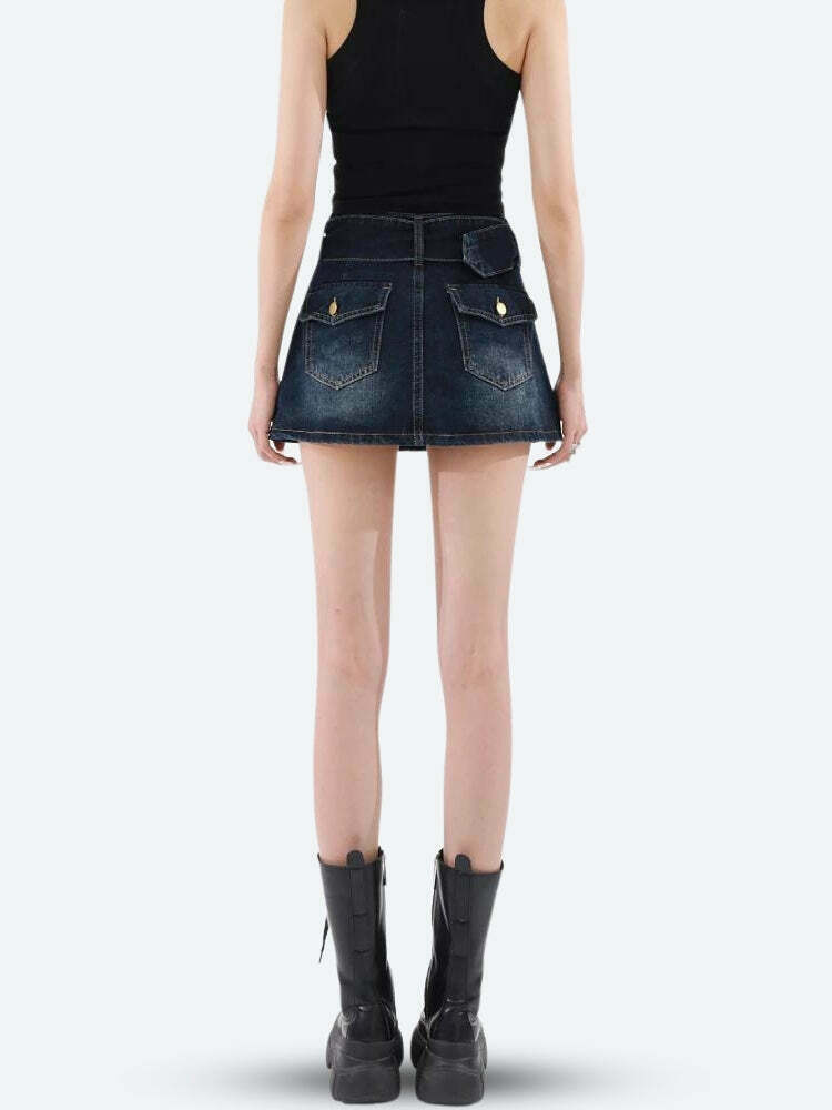 Trendy Y2K Grunge Belted Denim Mini Skirt - Stylish Casual Wear for Effortless Vibes