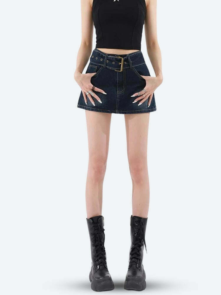 Trendy Y2K Grunge Belted Denim Mini Skirt - Stylish Casual Wear for Effortless Vibes