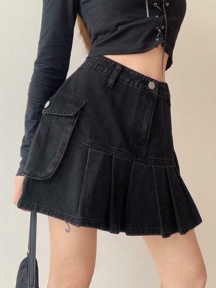 Trendy Y2K Grunge Cargo Denim Mini Skirt in Khaki - Stylish Pleated Design for Unique Outfits