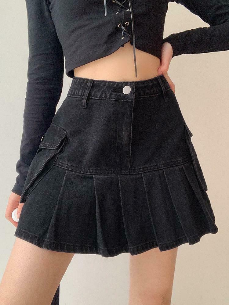 Trendy Y2K Grunge Cargo Denim Mini Skirt in Khaki - Stylish Pleated Design for Unique Outfits