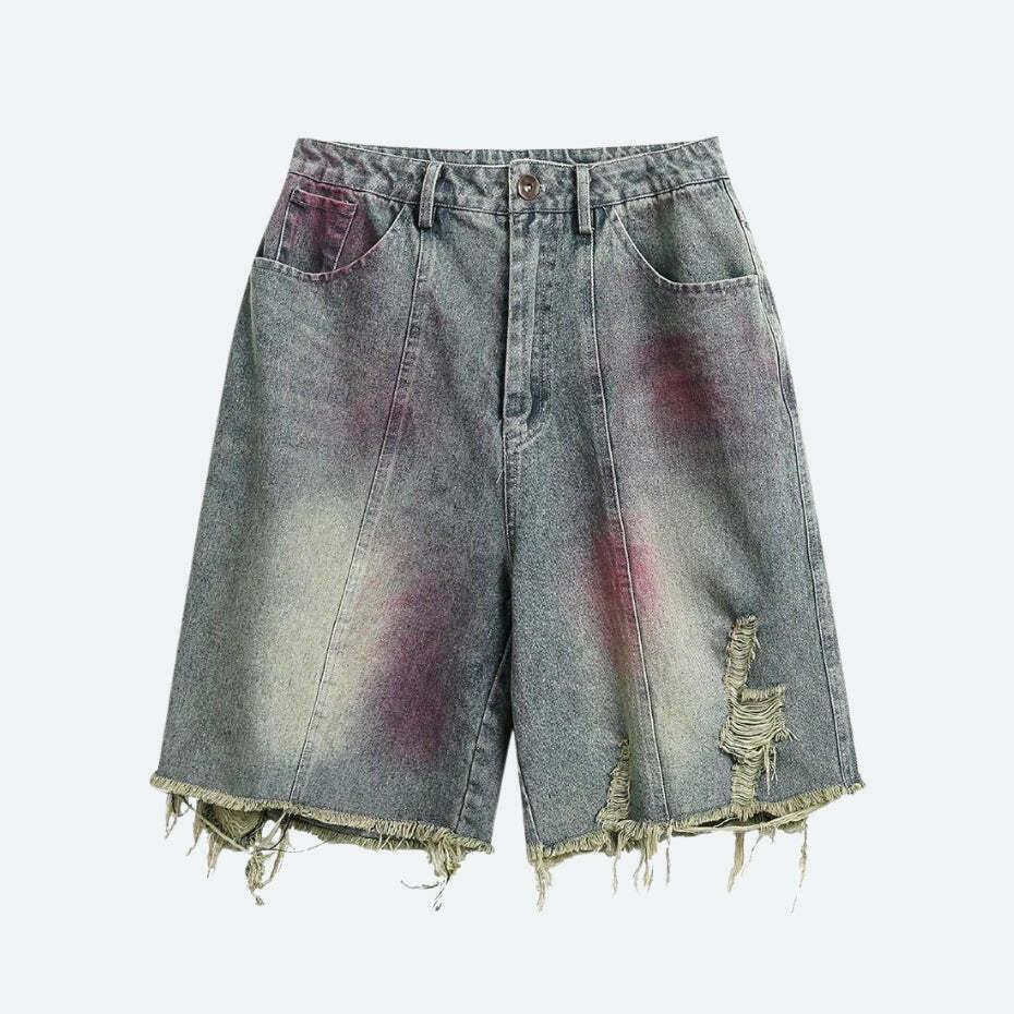 Trendy Y2K Grunge Distressed Denim Shorts with Rhinestone Fringe and Flared Style