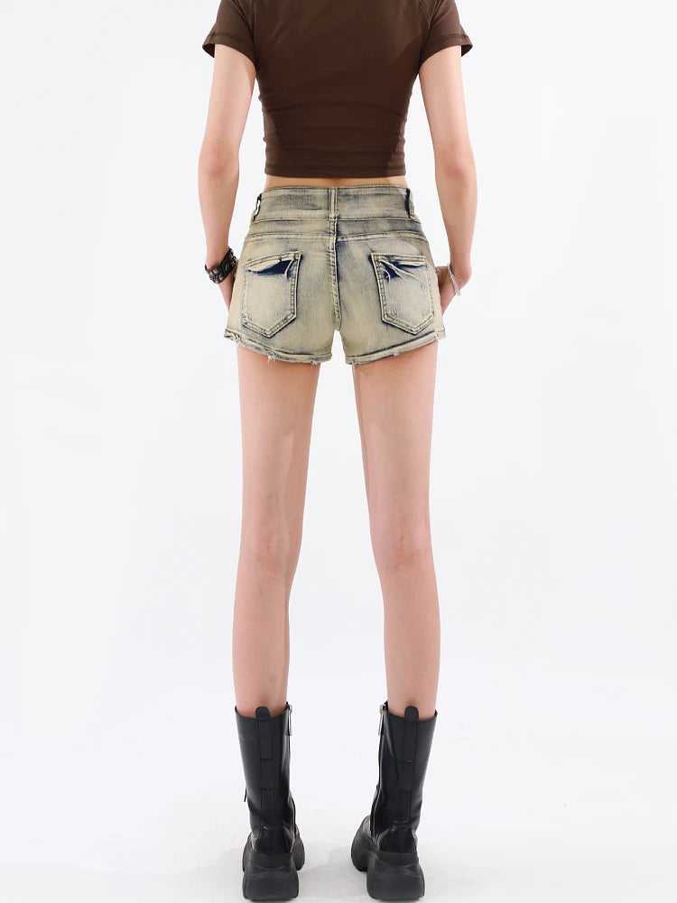 Trendy Y2K Grunge Distressed Denim Shorts with Rhinestone Fringe and Flared Style