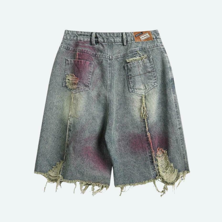 Trendy Y2K Grunge Distressed Denim Shorts with Rhinestone Fringe and Flared Style