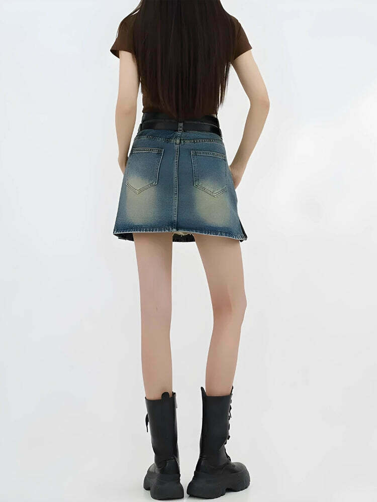 Trendy Y2K Grunge Double Belt Loop Denim Mini Skirt for Stylish Casual Outfits