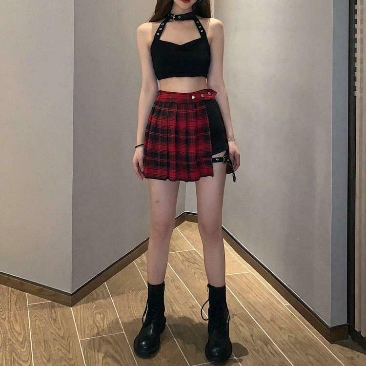 Trendy Y2K Grunge Plaid Mini Skort with Slit - Vintage Pink Plaid Style for Effortless Chic