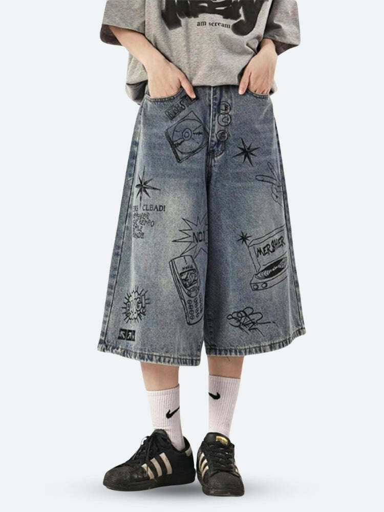 Trendy Y2K Grunge Wide Leg Denim Shorts with Rhinestone Fringe for Vintage Style Lovers