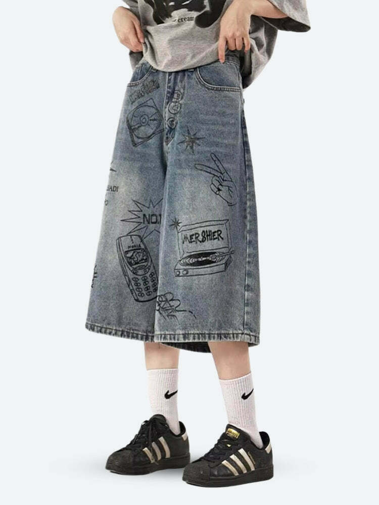 Trendy Y2K Grunge Wide Leg Denim Shorts with Rhinestone Fringe for Vintage Style Lovers