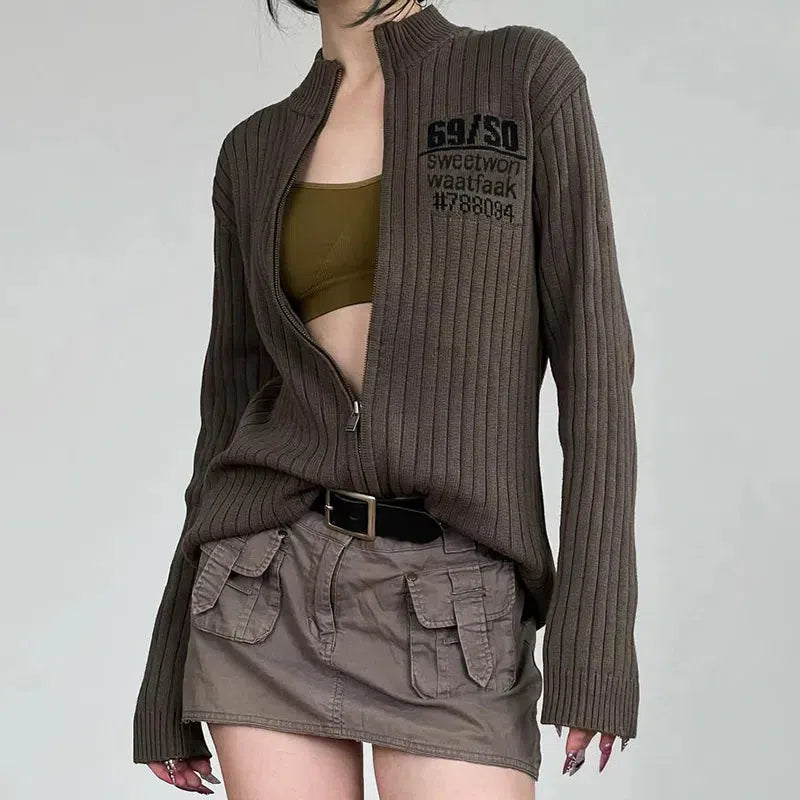 Trendy Y2K Grunge Zip-Up Cardigan Jacket in Color Block Design for Effortless Style