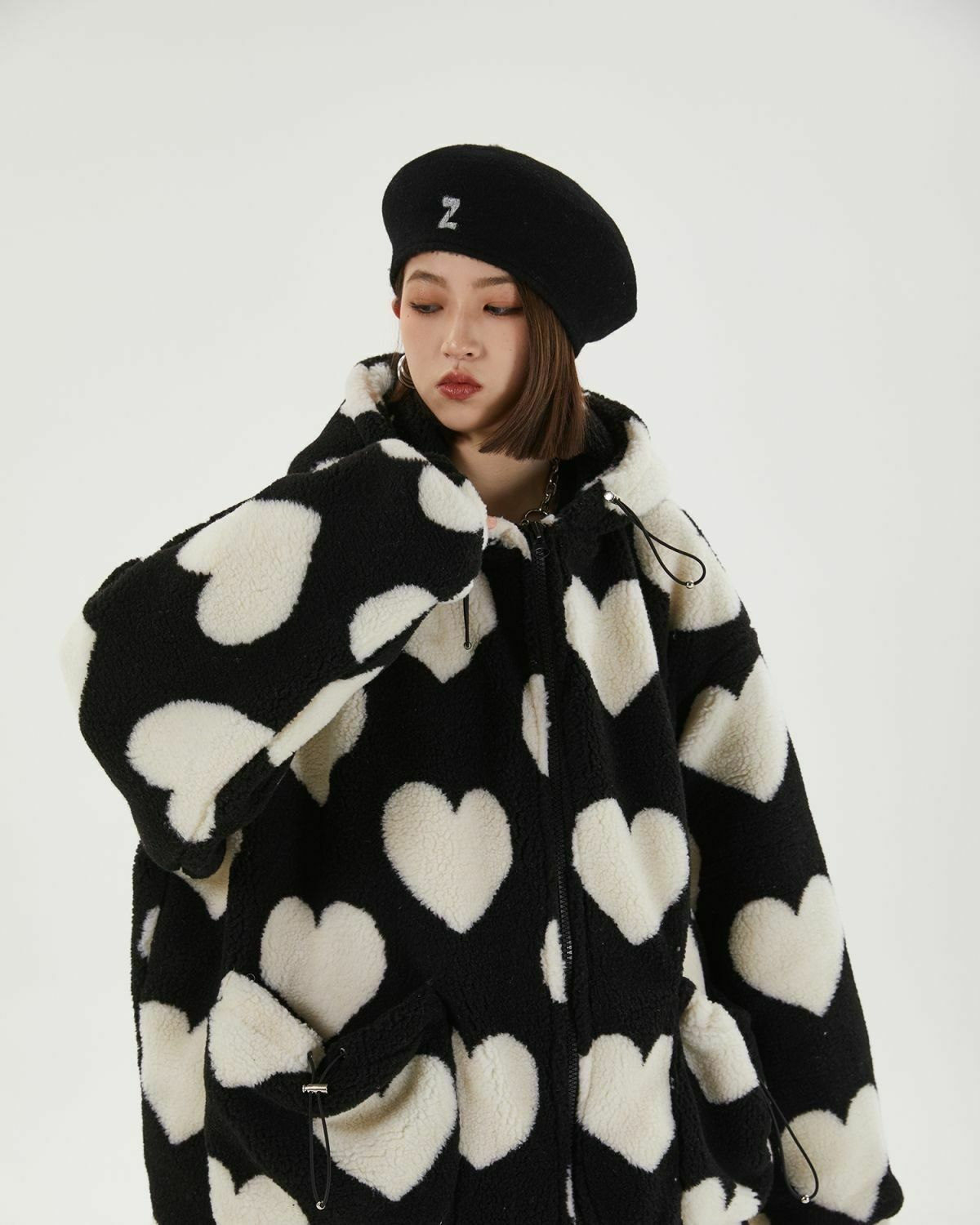 Trendy Y2K Heart Pattern Hooded Jacket - Stylish Color Block Varsity Baggy Design