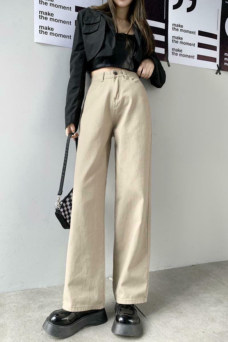 Trendy Y2K High Waist Wide Leg Casual Jeans in Brown Washed with Stylish Buckles