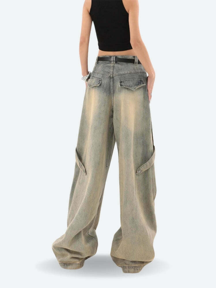 Trendy Y2K Layered Denim Jeans with Buckles and Ripped Details for a Stylish Look